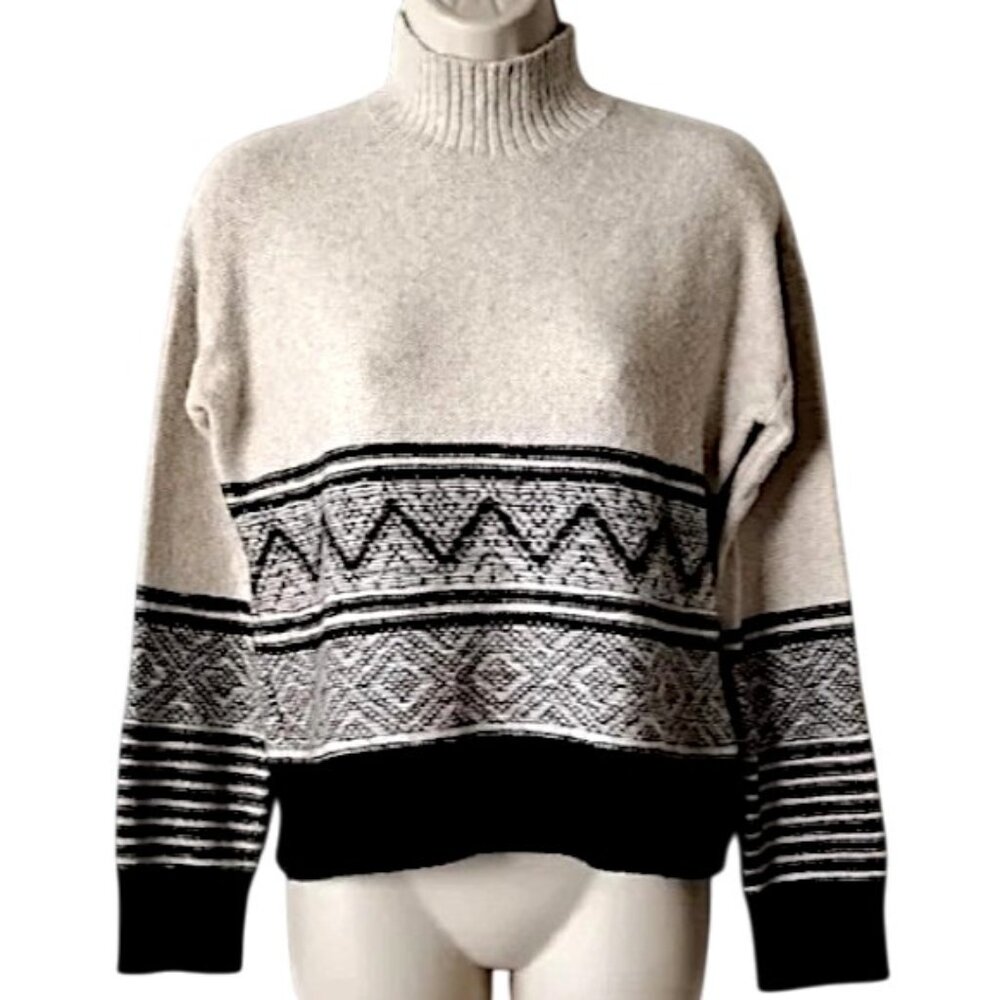 Banana Republic Mock Neck Fair Isle Sweater XS Cream Black Geometric